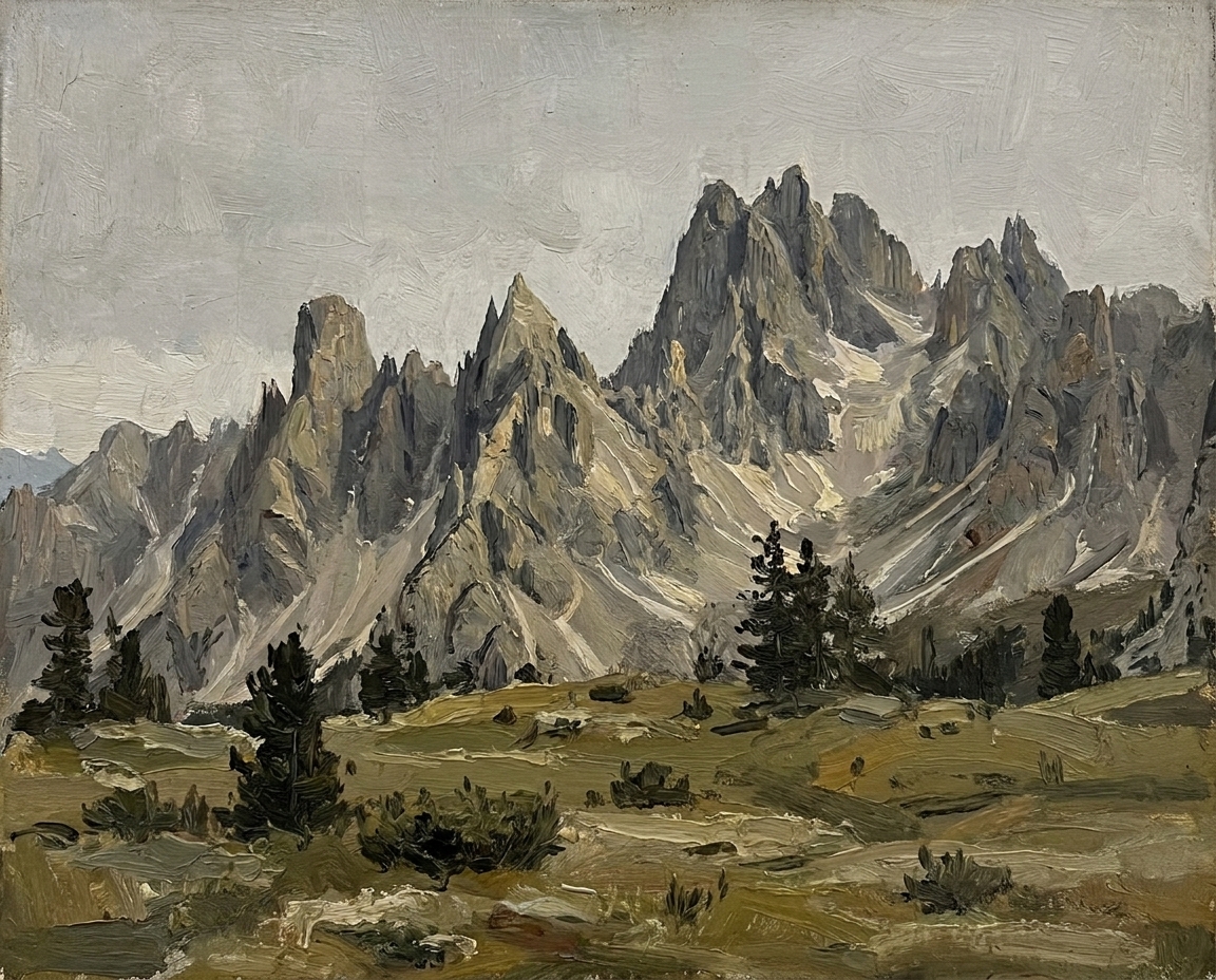 Tonal oil landscape of mountains under an overcast sky